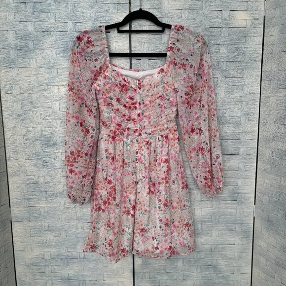 Midnight Doll XS Floral Print Square Neck Long Sleeve Ruffle Mini‎ Dress - Picture 2 of 7